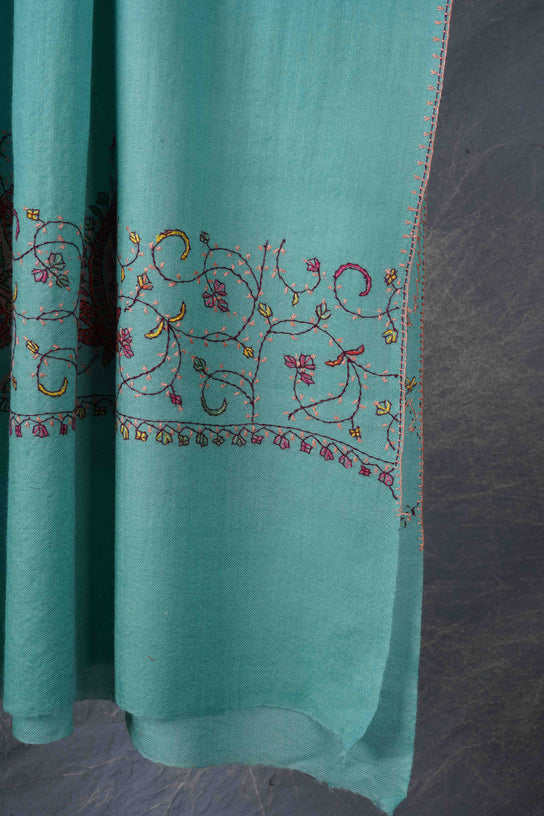 Light Turquoise Big Border Sozni Embroidery Merino Wool Scarf