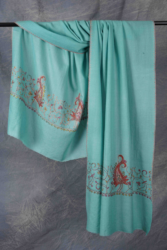 Light Turquoise Big Border Sozni Embroidery Merino Wool Scarf