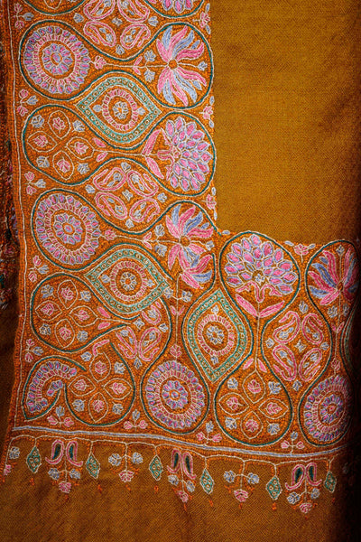 Mustard Multi- Color Big Border Embroidery Cashmere Pashmina Shawl