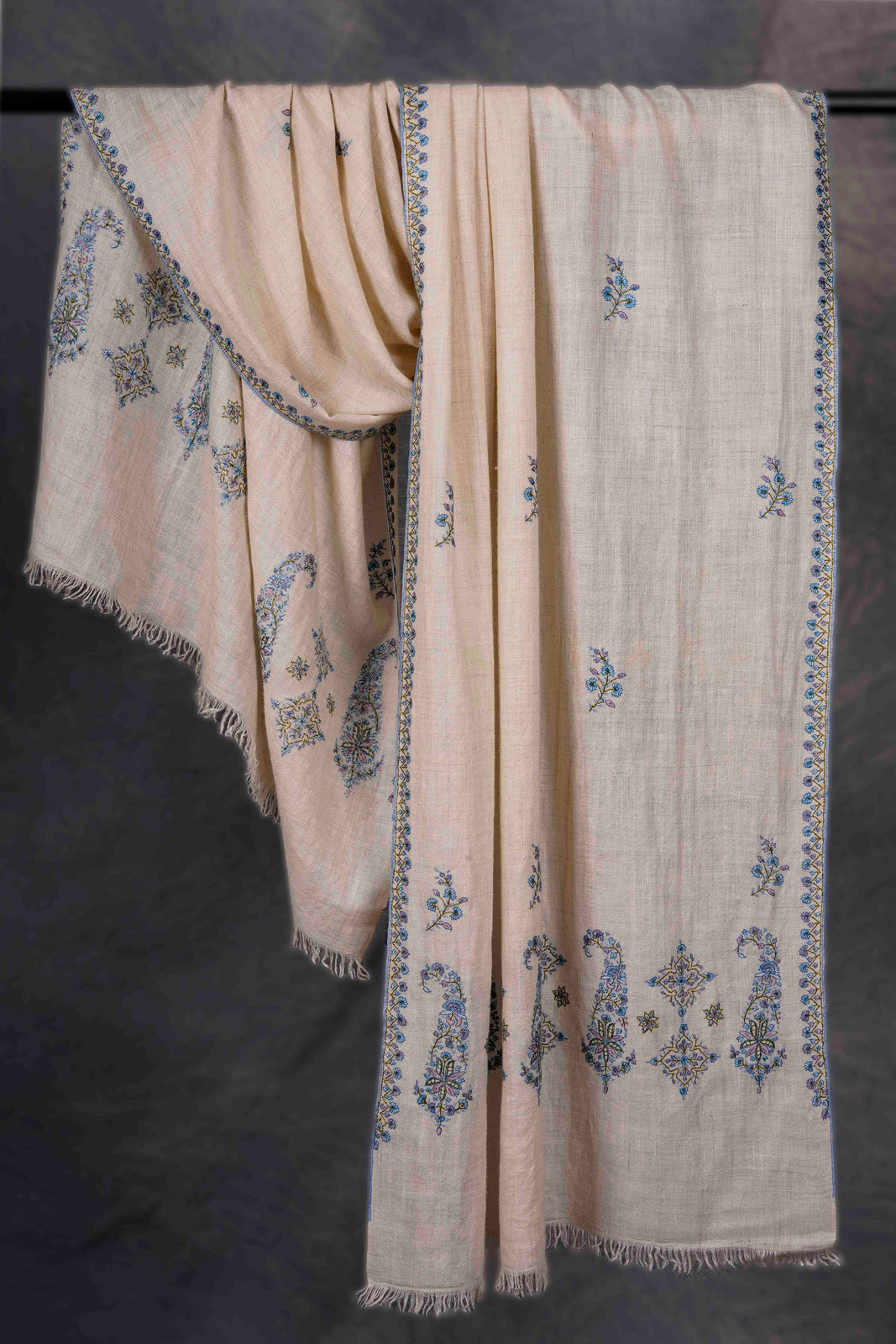 Ivory Small Border with Boteh Motif Embroidery Cashmere Pashmina Scarf