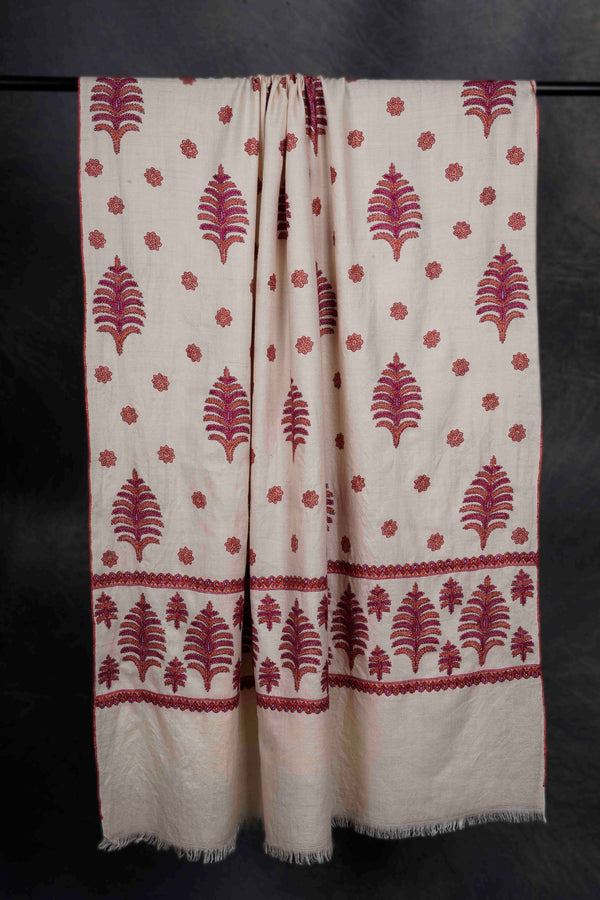 Ivory Butti-Dar & Border Embroidery Cashmere Pashmina Shawl