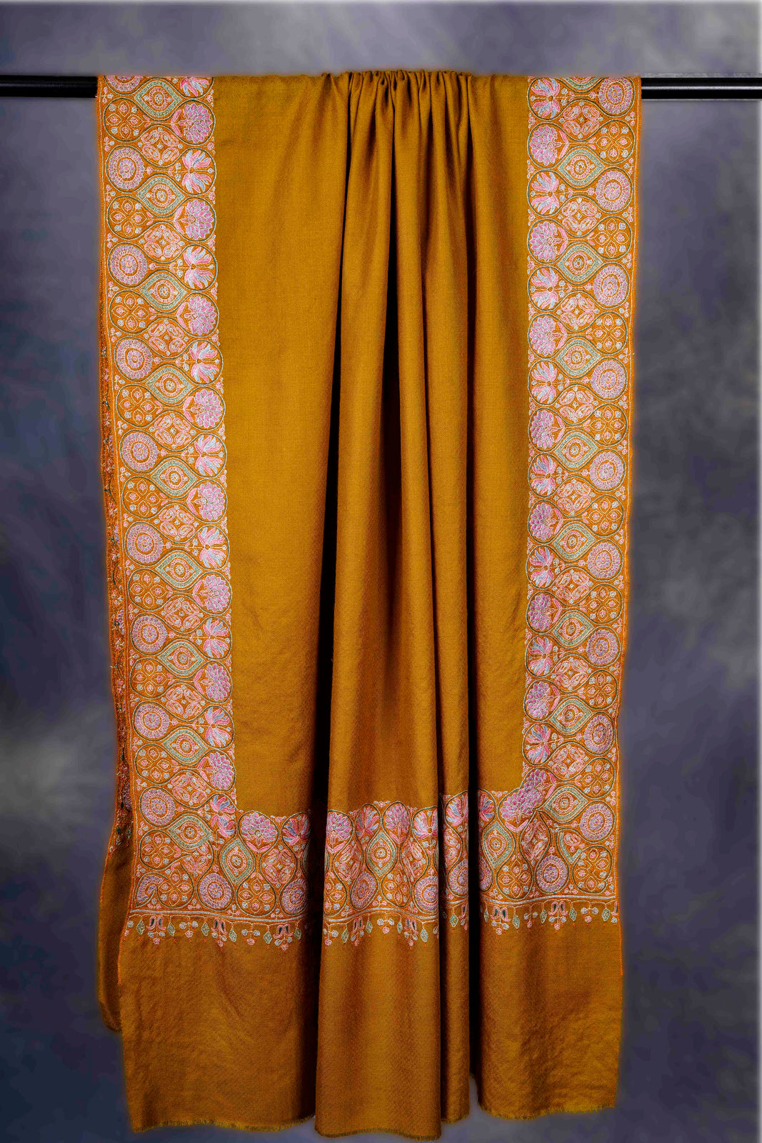 Mustard Multi- Color Big Border Embroidery Cashmere Pashmina Shawl