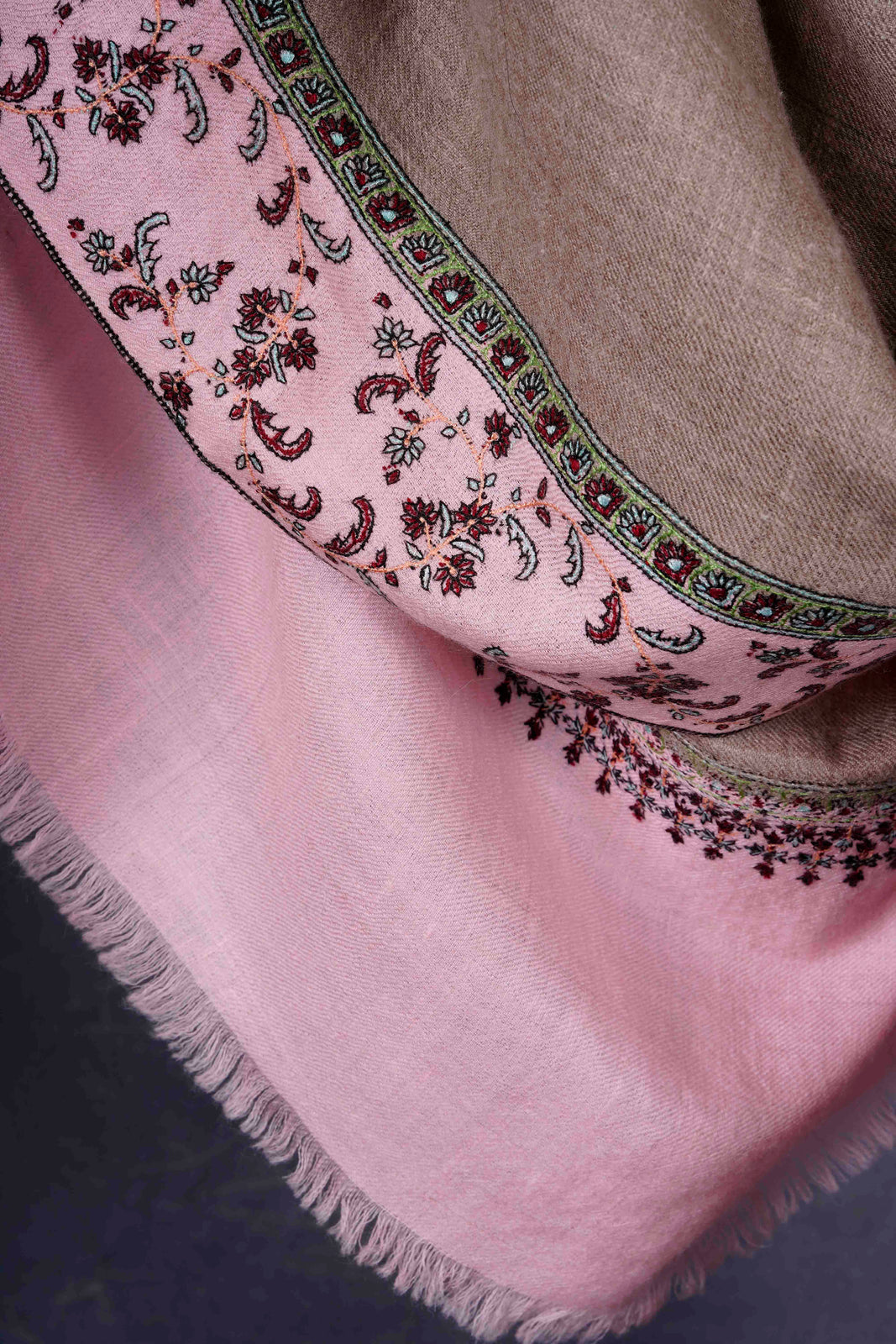 Natural with Pink Border And Buteh Embroidery Cashmere Pashmina Shawl