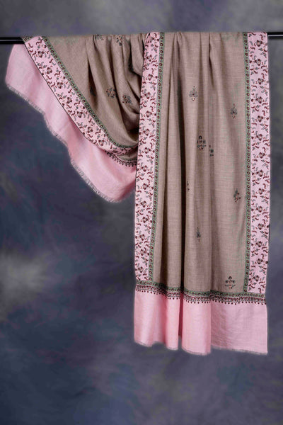 Natural with Pink Border And Buteh Embroidery Cashmere Pashmina Shawl