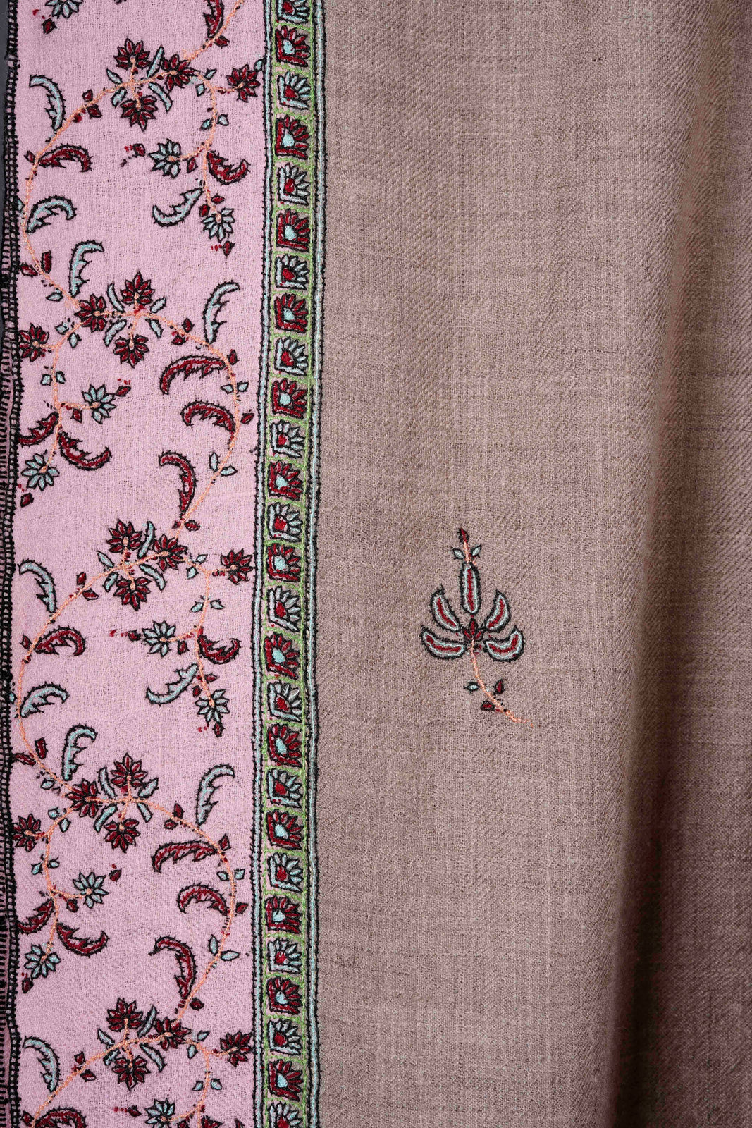 Natural with Pink Border And Buteh Embroidery Cashmere Pashmina Shawl