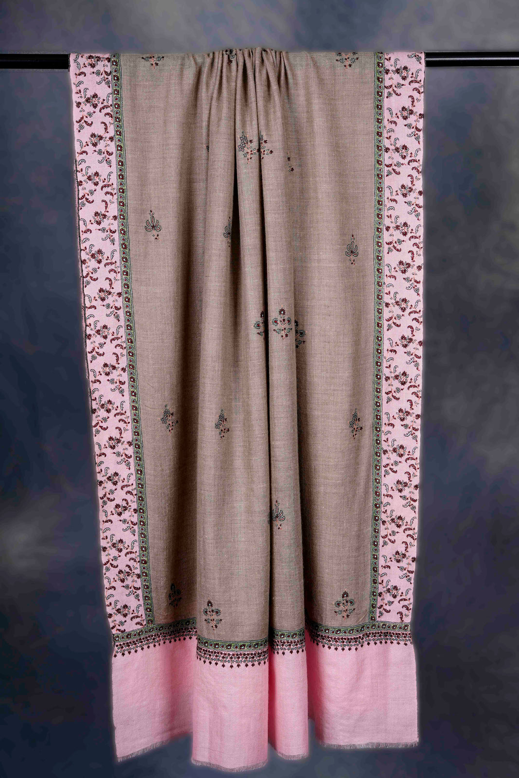 Natural with Pink Border And Buteh Embroidery Cashmere Pashmina Shawl