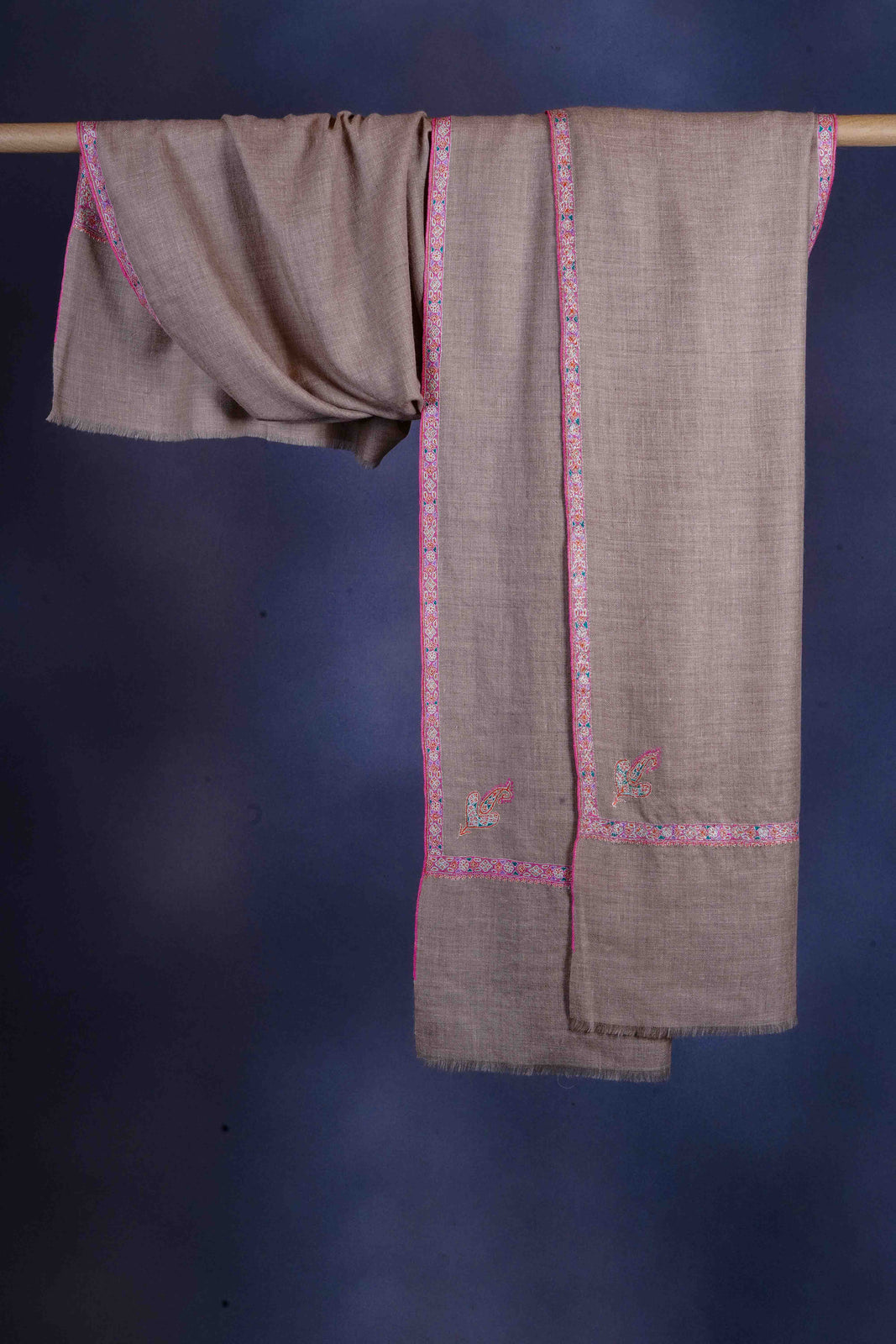 Natural Pink Border Embroidery Cashmere Pashmina Shawl