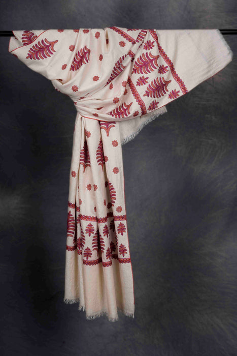 Ivory Butti-Dar & Border Embroidery Cashmere Pashmina Shawl