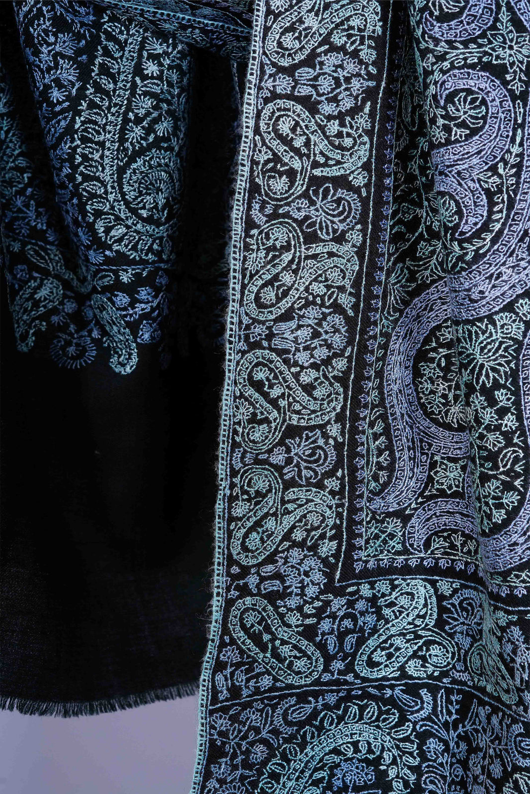 Black Base Blue Jamawar Embroidery Pashmina Shawl