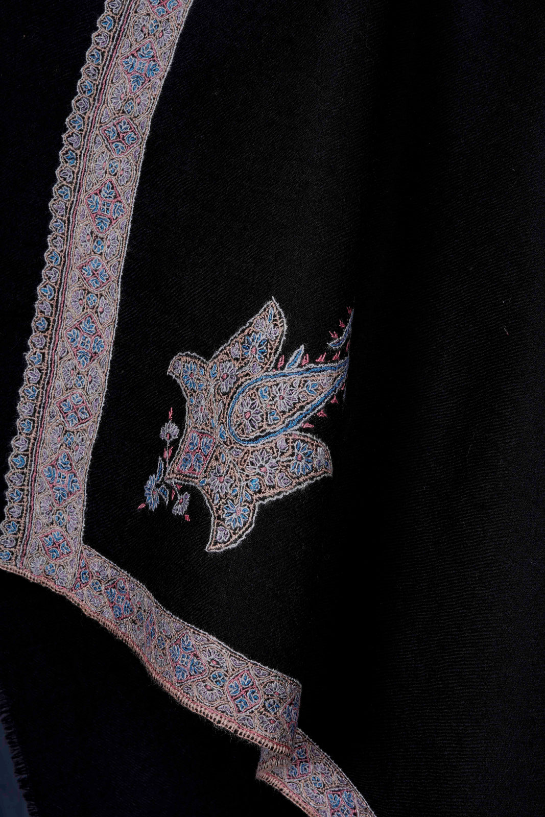 3 Yard Black Base With Small Border Embroidery Cashmere Pashmina Shawl