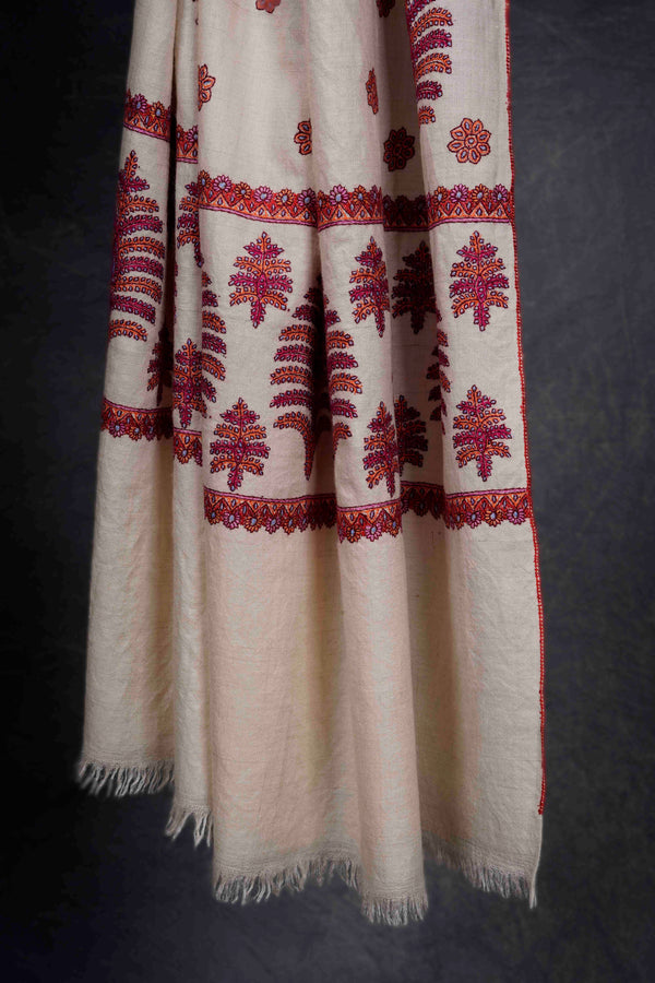 Ivory Butti-Dar & Border Embroidery Cashmere Pashmina Shawl