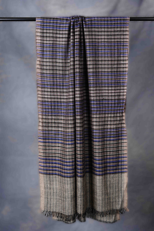 Small Check Black,Blue And Natural Handwoven Cashmere Pashmina Scarf