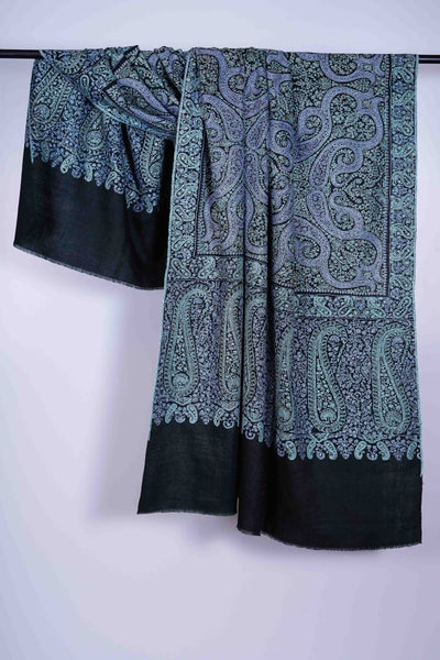 Black Base Blue Jamawar Embroidery Pashmina Shawl