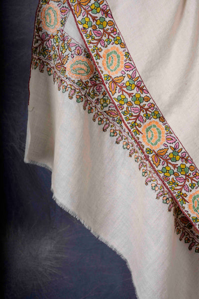 3 Yard Ivory Base With Multi-color Embroidery Cashmere Pashmina Shawl