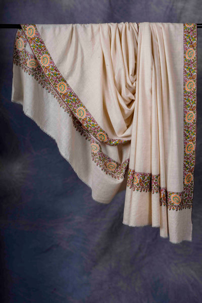 3 Yard Ivory Base With Multi-color Embroidery Cashmere Pashmina Shawl