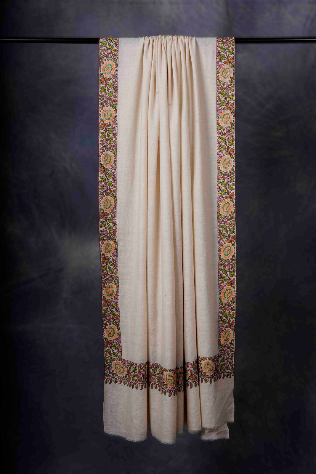 3 Yard Ivory Base With Multi-color Embroidery Cashmere Pashmina Shawl