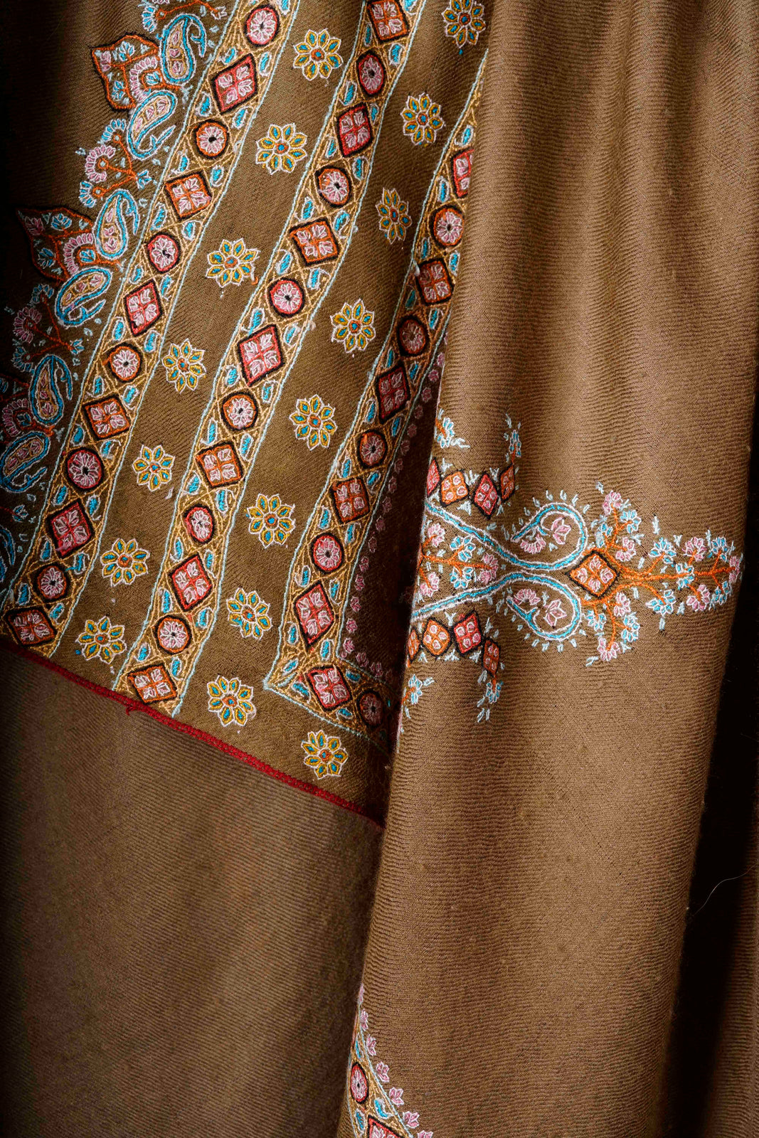 3 Yard Brown Base With Big Border Embroidery Cashmere Pashmina Shawl