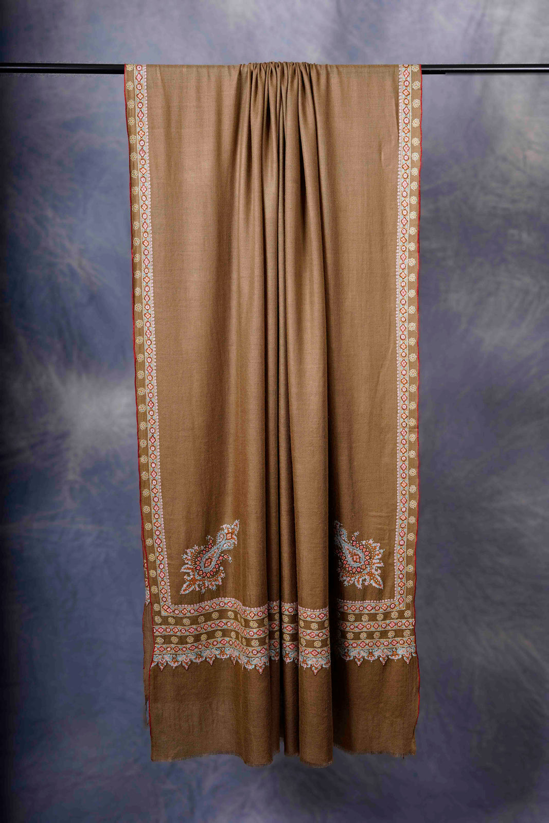 3 Yard Brown Base With Big Border Embroidery Cashmere Pashmina Shawl