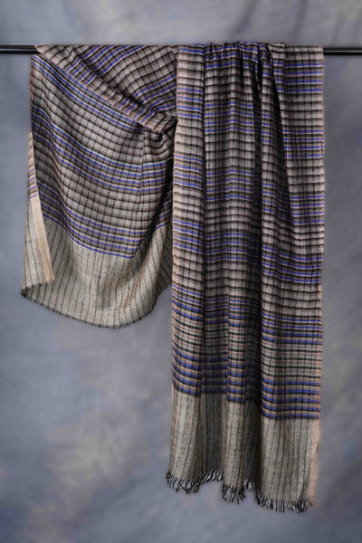 Small Check Black,Blue And Natural Handwoven Cashmere Pashmina Scarf