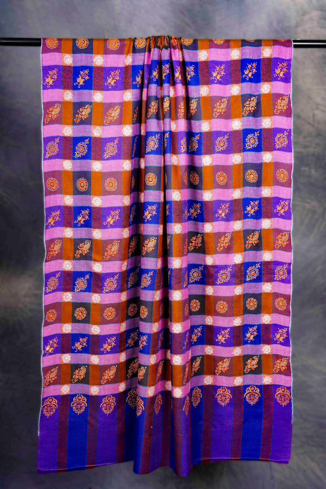 Multi Colour Check Butti-Dar Embroidery Pashmina Cashmere Shawl