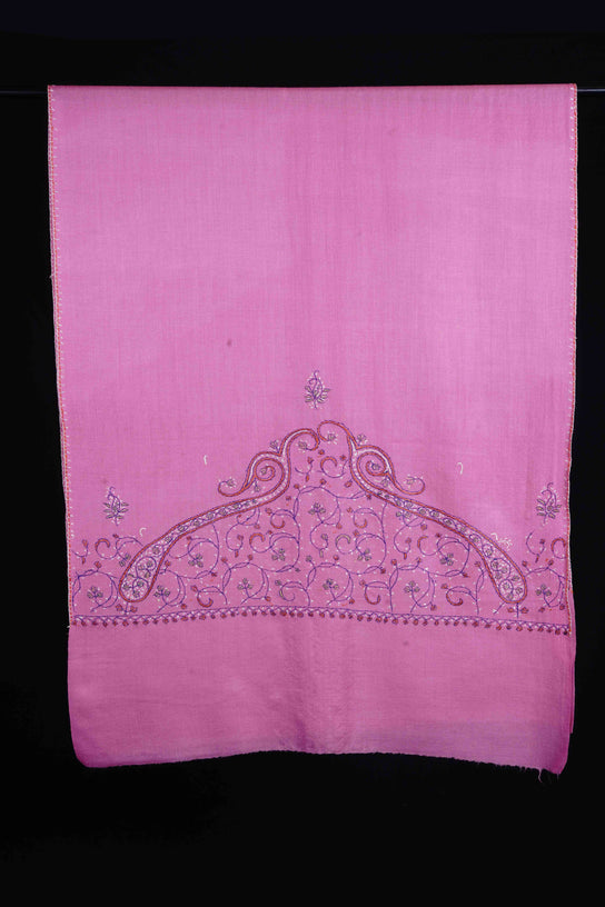 Pink Big Border Sozni Embroidery Merino Wool Scarf