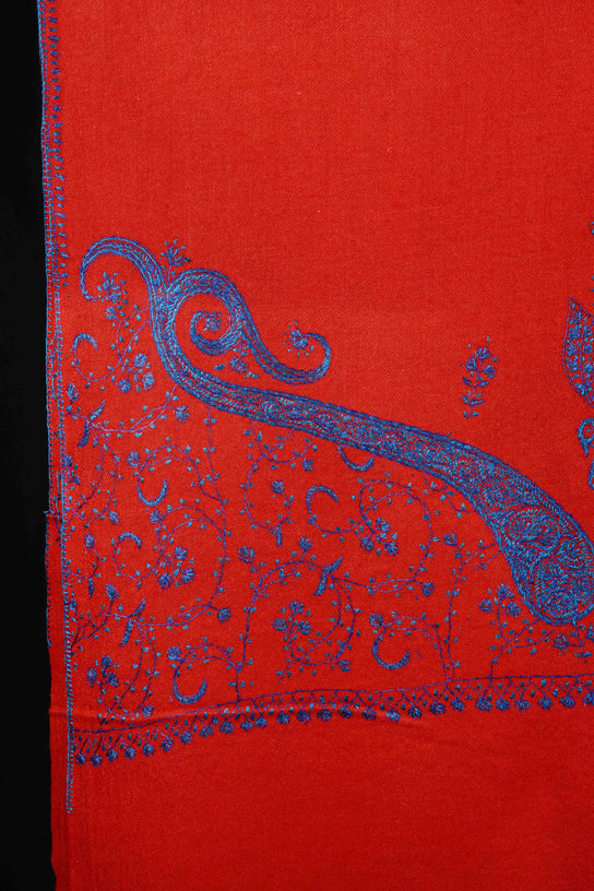 Red Base Big Border Sozni Embroidery Merino Wool Scarf