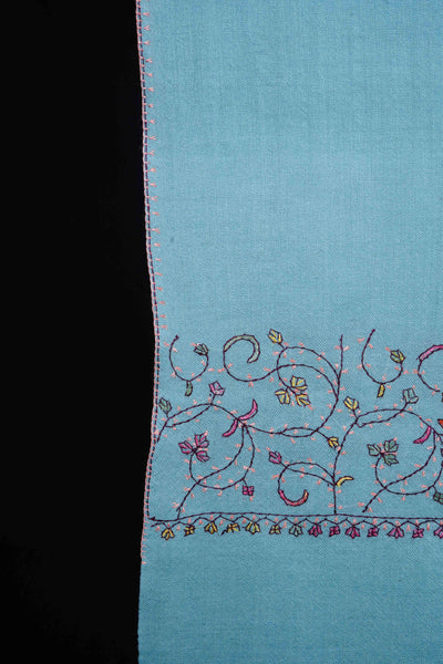 Sky Blue Big Border Sozni Embroidery Merino Wool Scarf
