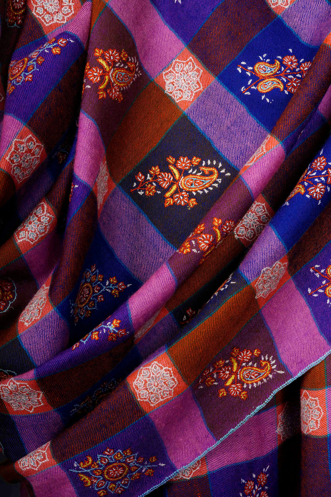 Multi Colour Check Butti-Dar Embroidery Pashmina Cashmere Shawl