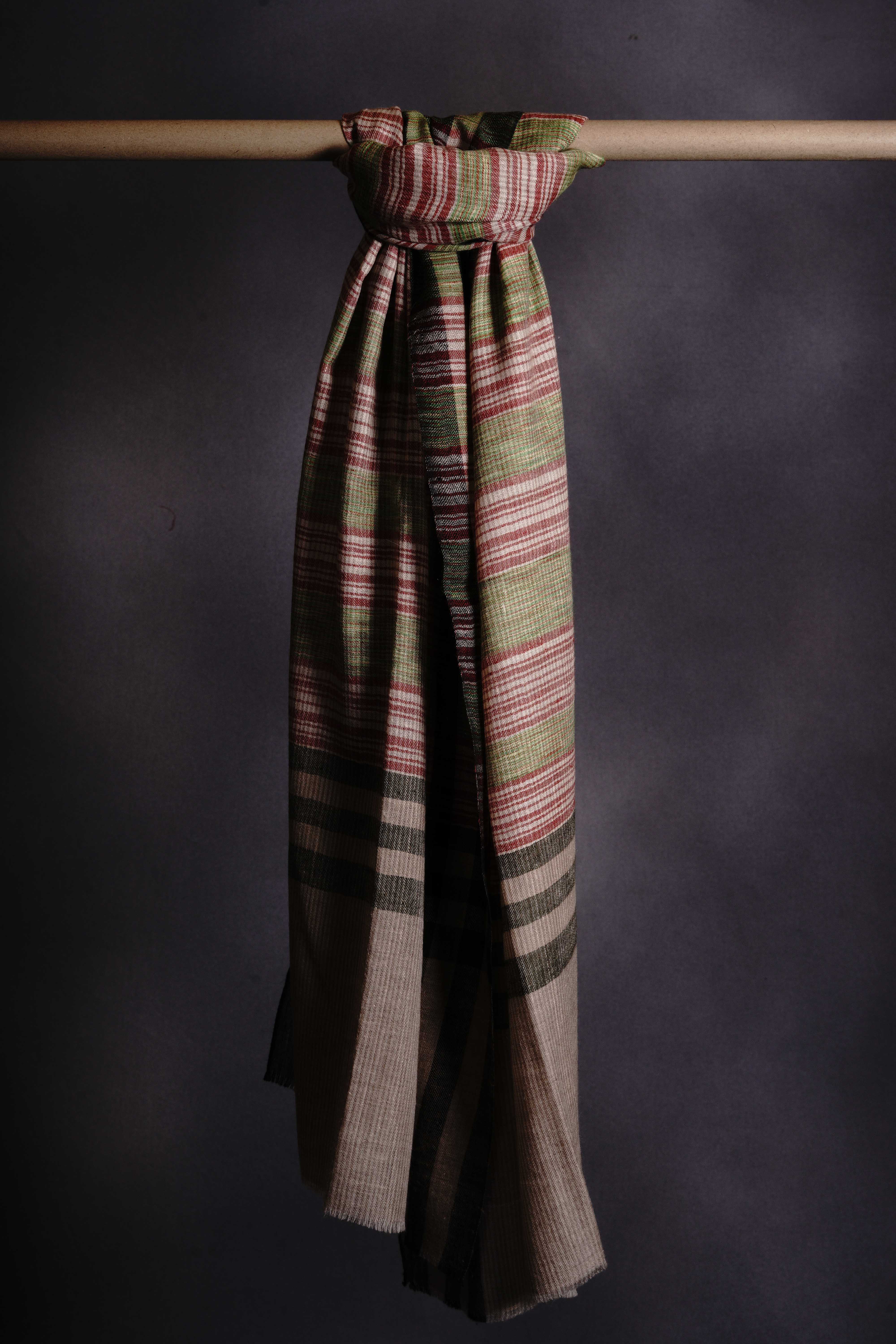 Green and Red Stripe Handwoven Cashmere Pashmina Scarf