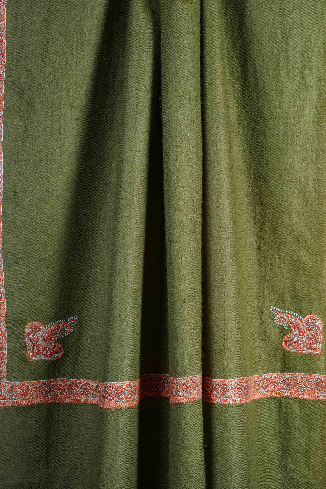 Olive Green Border Embroidery Cashmere Pashmina Scarf