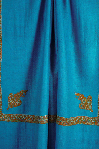 Azure Blue Border Embroidery Cashmere Pashmina Scarf
