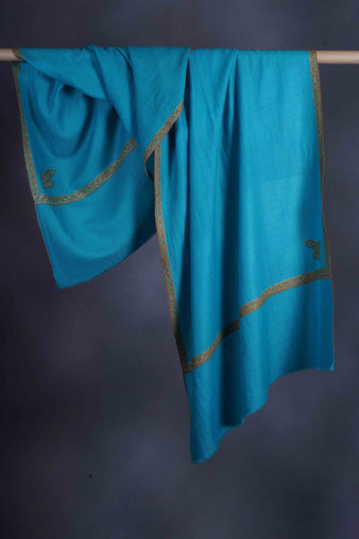 Azure Blue Border Embroidery Cashmere Pashmina Scarf