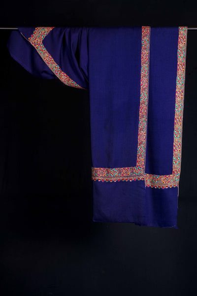 Blue Base with Multicolor Border Embroidery Cashmere Pashmina Shawl