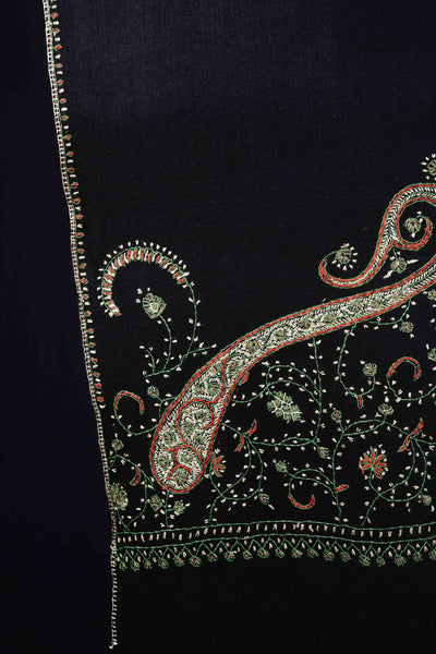 Black Base Big Border Sozni Embroidery Merino Wool Scarf