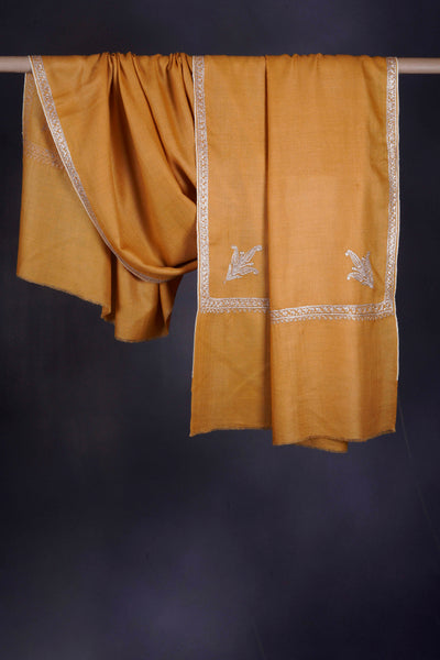 Mustard Yellow Silver Tilla Small Border Embroidery Pashmina Shawl
