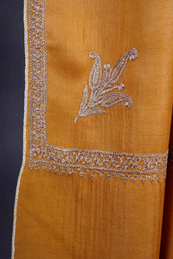 Mustard Yellow Silver Tilla Small Border Embroidery Pashmina Shawl