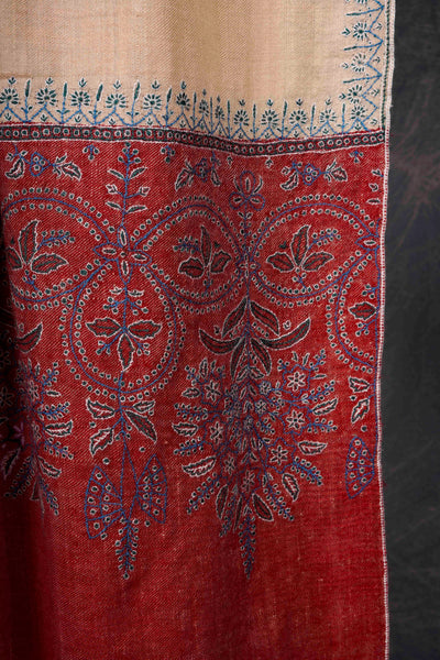 Ivory And Red Big Border Embroidery Cashmere Pashmina Scarf