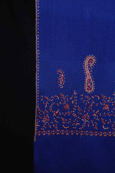 Royal Blue Base Big Border Sozni Embroidery Merino Wool Scarf