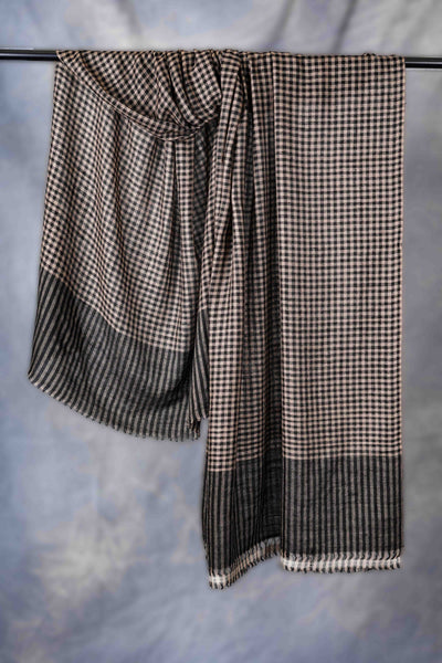 Small Check Black and Natural Handwoven Cashmere Pashmina Scarf