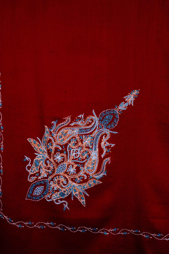 Maroon Base Cone Motif Needle Embroidery Wool Scarf