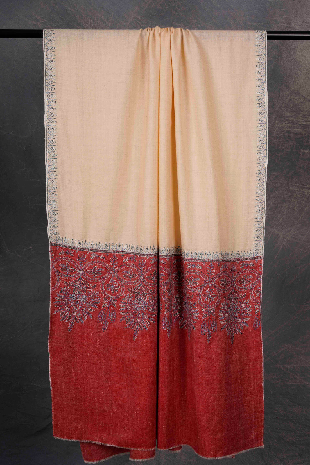 Ivory And Red Big Border Embroidery Cashmere Pashmina Scarf