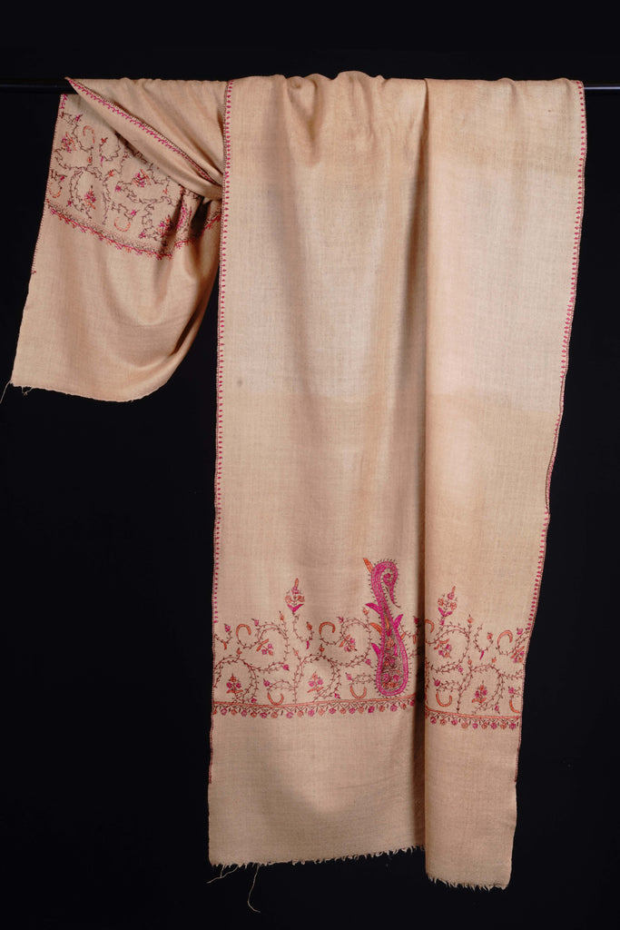 Beige Border Sozni Embroidery Merino Wool Scarf