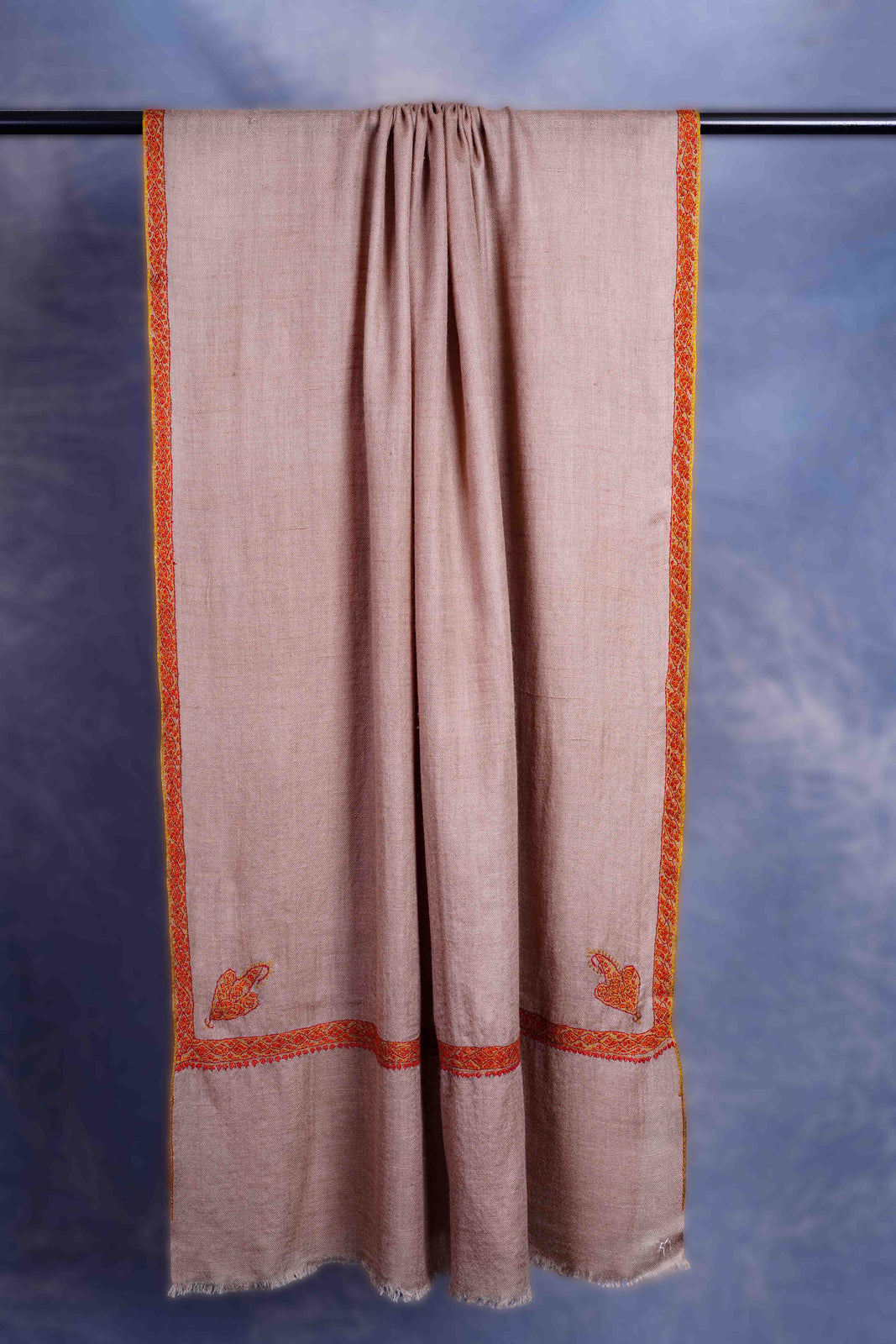 Natural Base Border Embroidery Cashmere Pashmina Scarf