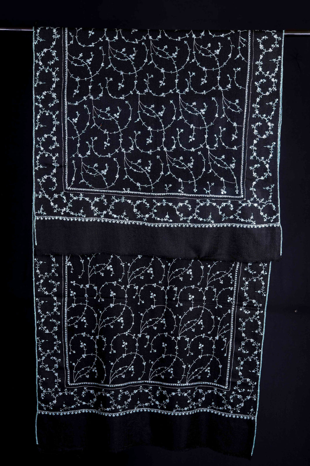 Black Jali With Blue Embroidery Pashmina Cashmere Scarf
