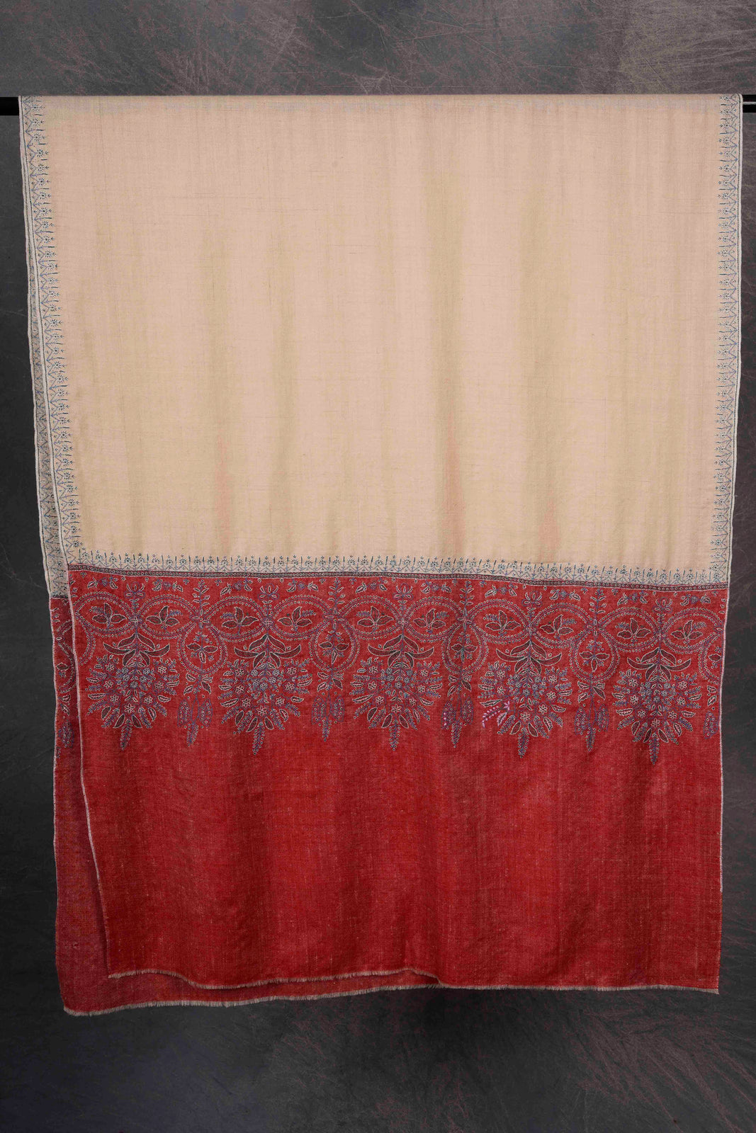 Ivory And Red Big Border Embroidery Cashmere Pashmina Scarf