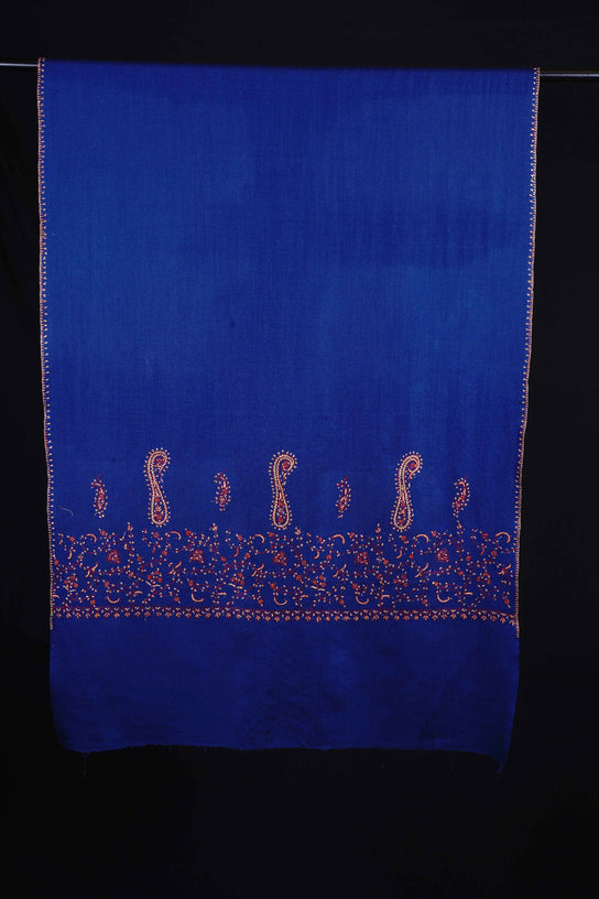 Royal Blue Base Big Border Sozni Embroidery Merino Wool Scarf