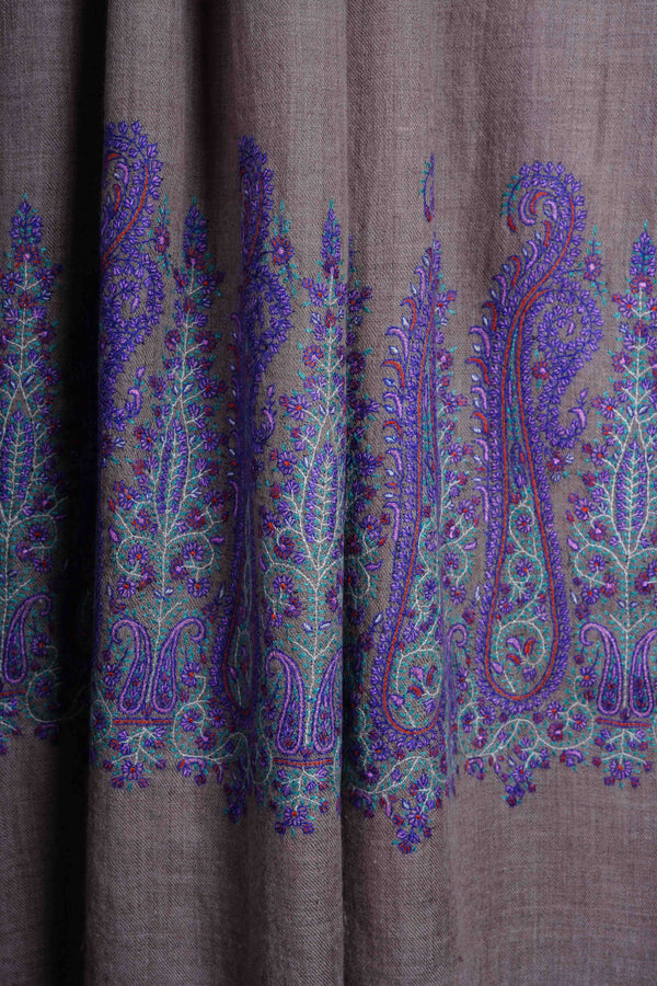 Natural Base With Purple Border Embroidery Cashmere Pashmina Shawl