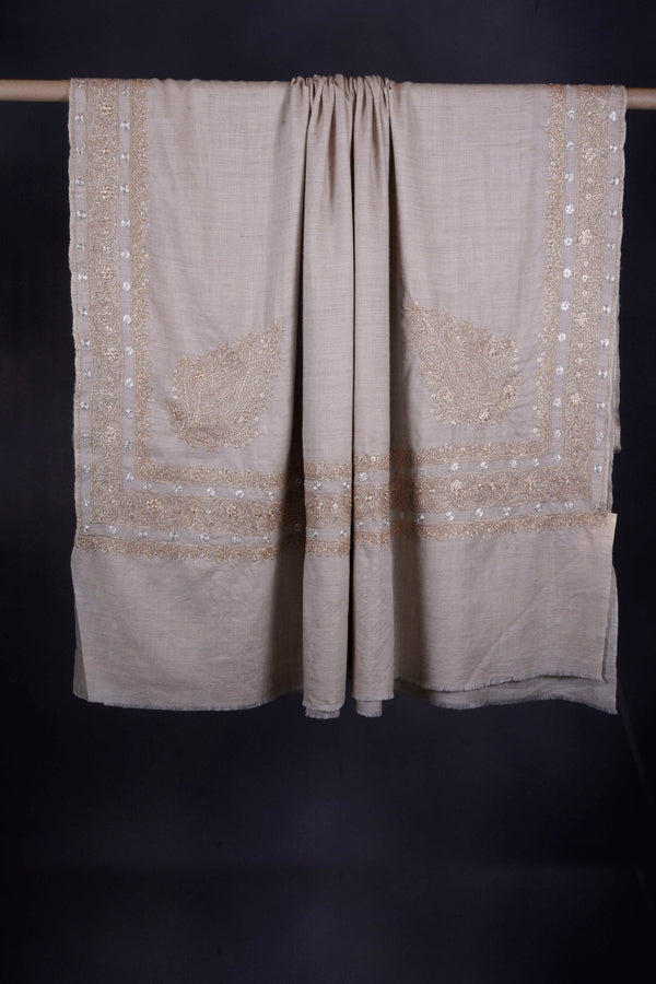 3 Yard Natural Base With Golden and Silver Tilla Embroidery Pashmina Shawl — Tilla gold embroidery pashmina shawl from Kashmir