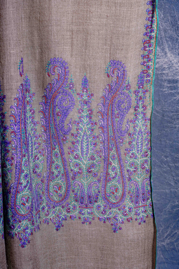 Natural Base With Purple Border Embroidery Cashmere Pashmina Shawl