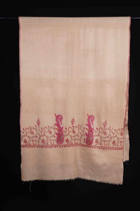Beige Border Sozni Embroidery Merino Wool Scarf